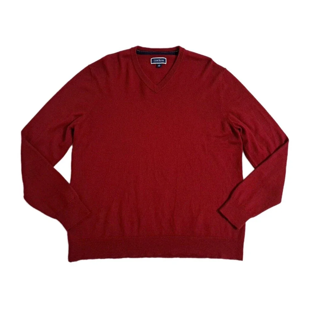 Club Room Men's Large Merino Wool V Neck Sweater Red Cabin Core Soft